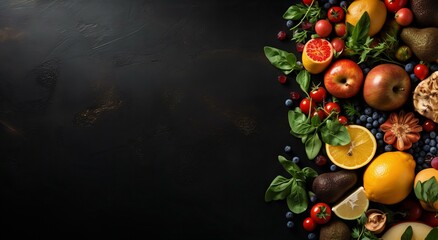 Vibrant Cornucopia of Fresh Fruits and Vegetables on a Dark Background with Space for Text