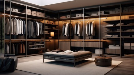 Minimalist dressing room interior design in dark gray, brown with furniture, Interior design of luxury walk in closet.