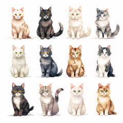 set of watercolor clip art of cats isolated on white background for graphic design