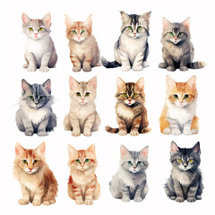 set of watercolor clip art of cats isolated on white background for graphic design