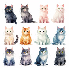 set of watercolor clip art of cats isolated on white background for graphic design