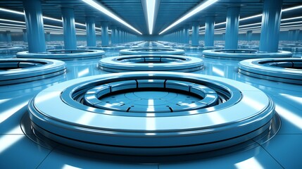 Obraz premium Futuristic Blue-Lit Circular Platforms in a High-Tech Hallway of Advanced Scientific Research Facility