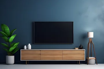 Foto op Plexiglas Modern interior of living room with tv on the cabinet on dark blue wall background. © Hridoy