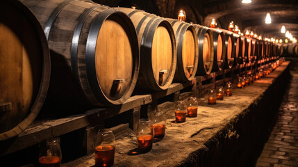 Many wooden barrels in cellar, Wine or cognac barrels in the cellar of the winery