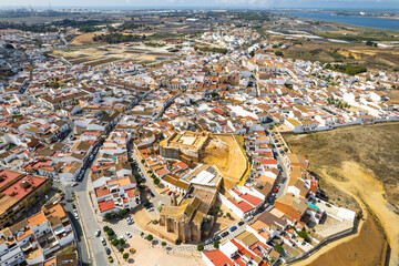 Fototapeta premium Aerial drone panorama of Palos de la Frontiera cityscape, Huelva, Spain