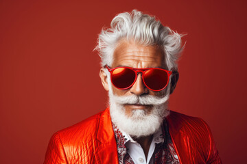Generative AI illustration of stylish elderly bearded man with gray hair, wearing vibrant red sunglasses and modern clothes, smiling and looking at camera while standing against a vivid red backdrop