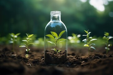 Plant in a bottle, Recycle plastic bottle to grow plants promoting eco friendly concept.
