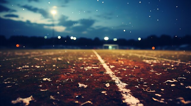 Evening Dew on a Football Field Under Stadium Lights, Capturing the Quiet Before the Game