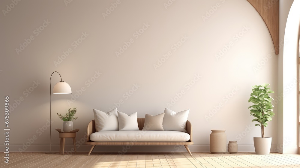 Poster 3d rendering of a living room with a natural view from a large window.