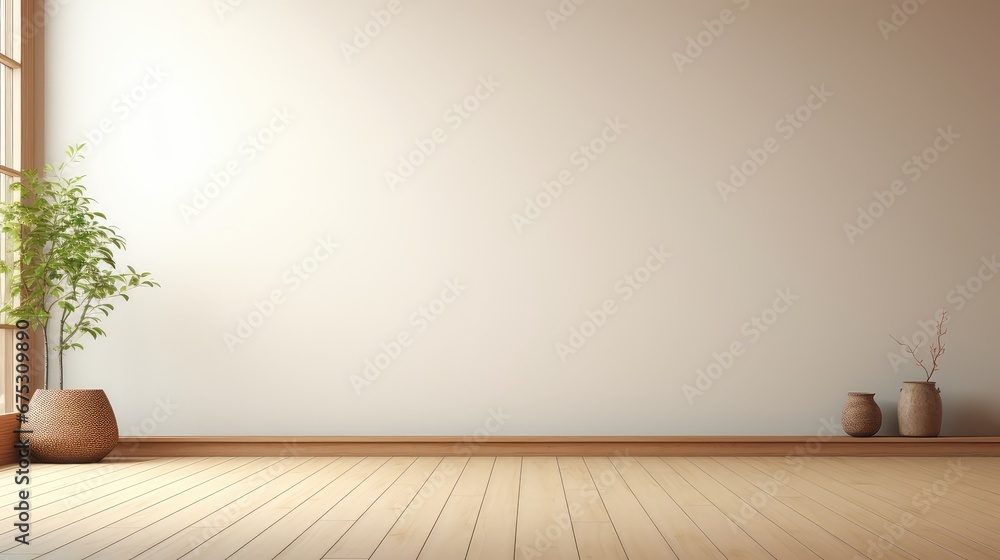 Poster 3d rendering of a living room with a natural view from a large window.