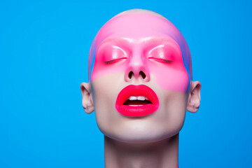Generative AI image of an artistic woman face with eyes closed with glowing pink eyes and vibrant pink lips set against a blue background