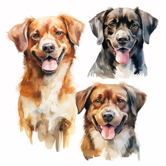 set of watercolor clip art of dogs isolated on white background for graphic design