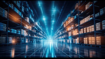 Modern large warehouse with shelves and pallets, Illuminated by the futuristic glow of advanced lighting.