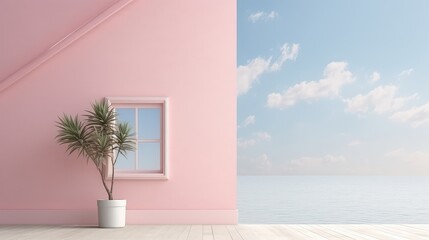 3D rendering of a pink house model is simple in design, with a pitched roof and a window.