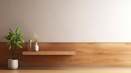 3D rendering of a potted plant on a built-in wooden shelving in living room.
