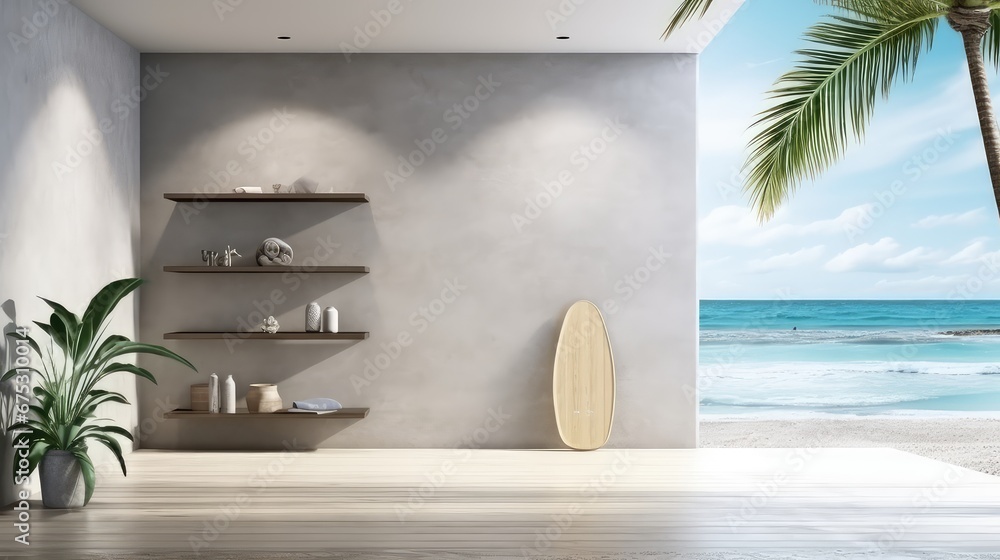 Poster 3d rendering of a gallery exhibition display and sea view background.