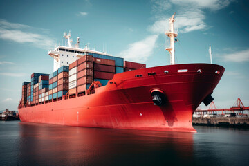 Generative AI illustration of red container ship fully loaded rests at a calm harbor under a clear sky showcasing its structure and design