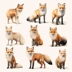 set of watercolor clip art of foxes isolated on white background for graphic design