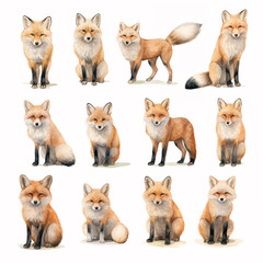 set of watercolor clip art of foxes isolated on white background for graphic design