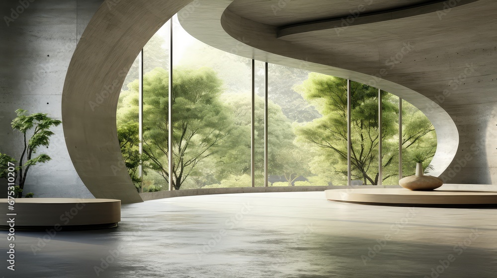 Poster 3d rendering of a living space with a tree background from airy window view.