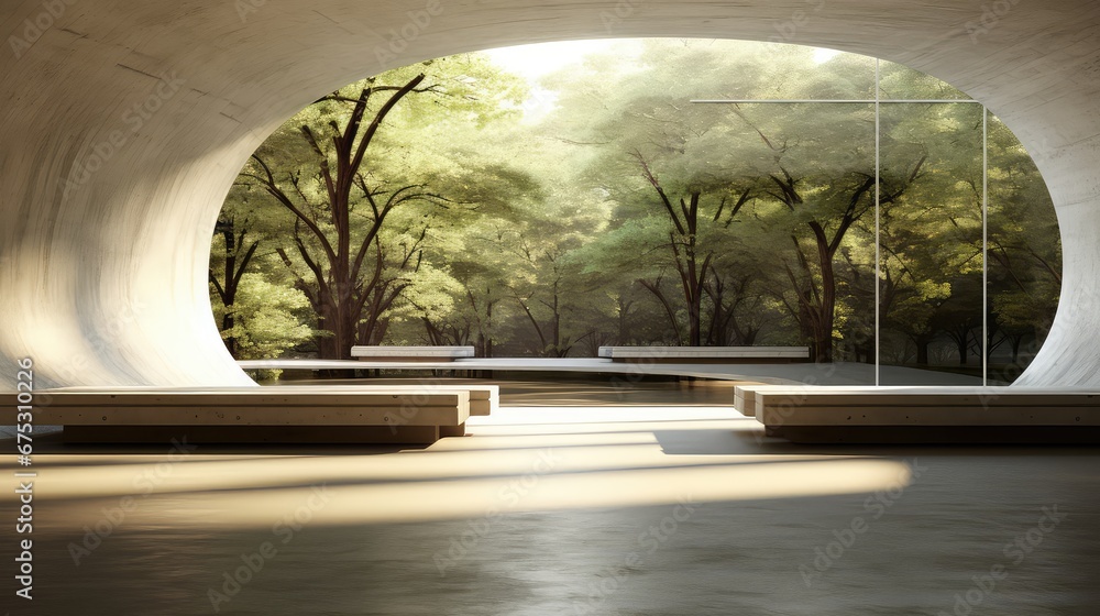 Poster 3d rendering of a living space with a tree background from airy window view.