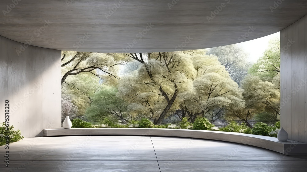 Poster 3d rendering of a living space with a tree background from airy window view.