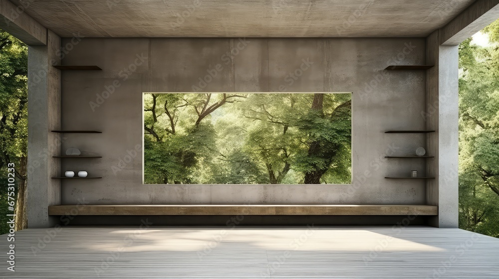 Poster 3d rendering of a living space with a tree background from airy window view.