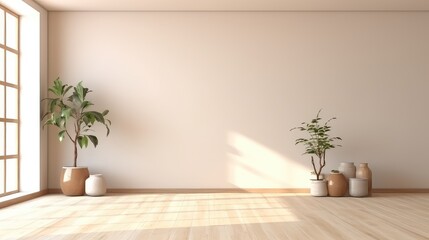 3d rendering of a potted plant on the floor in a living room.
