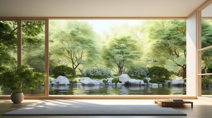 3D rendering of a spacious living room with a large window overlooking a lake nature view.