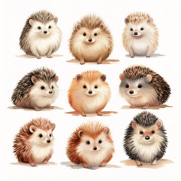 set of watercolor clip art of cute hedgehogs isolated on white background for graphic design
