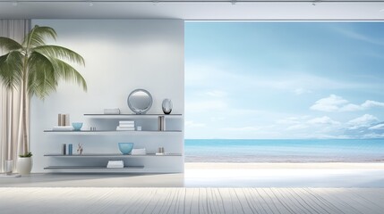 3d rendering of a beauty product on shelf and sea view background. 
