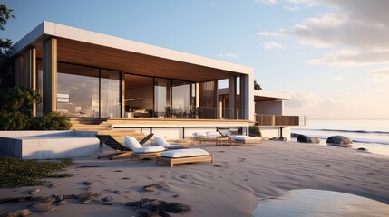 3D rendering of a small house on a sea beach. The ocean is visible in the distance.