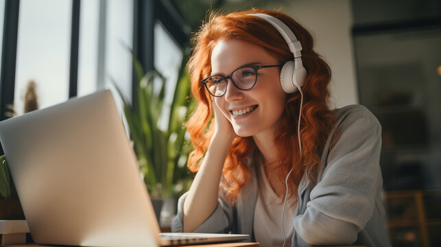 rothaarige Frau arbeitet vor einem PC im Homeoffice
