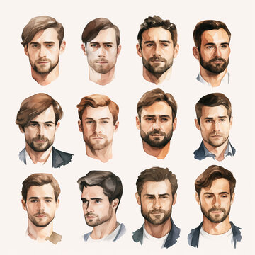 set of watercolor clip art of male faces isolated on white background for graphic design