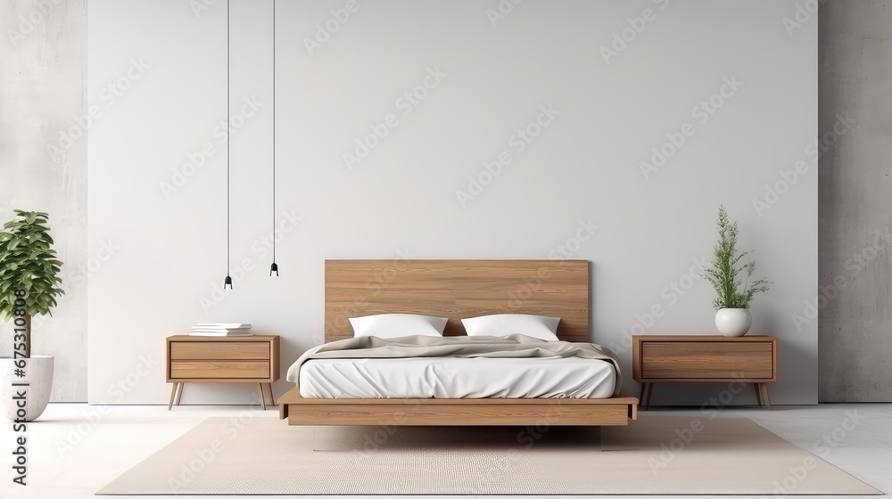 Poster 3d rendering of a bedroom with a large window overlooking the natural view.
