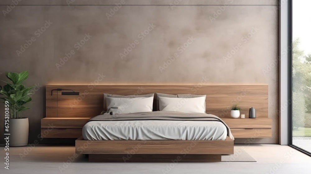 Poster 3d rendering of a bedroom with a large window overlooking the natural view.