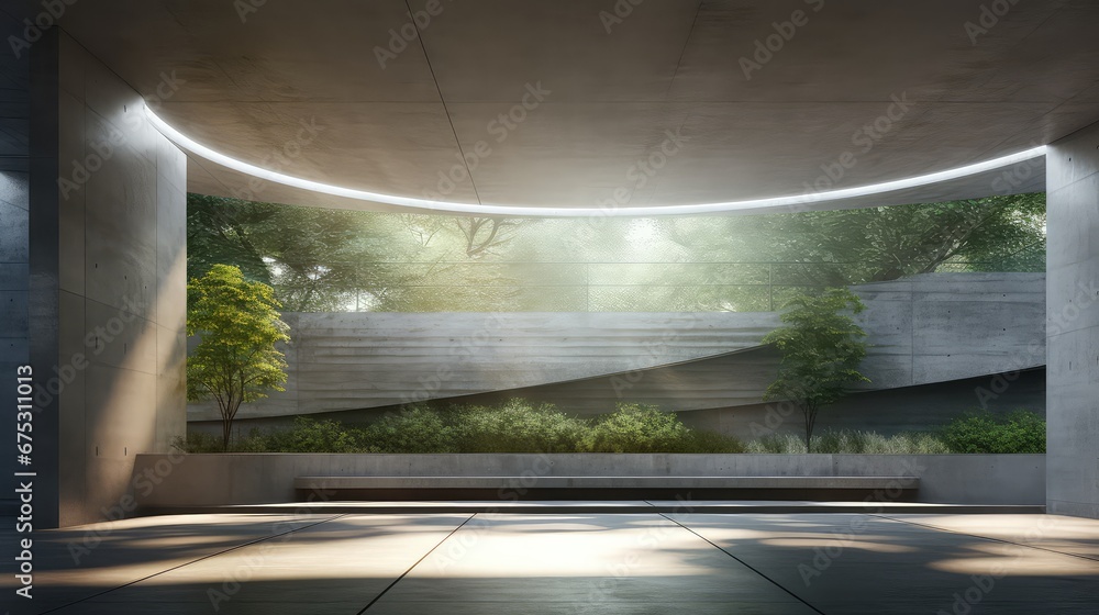 Poster 3d rendering of a living room with a large window overlooking a natural view.