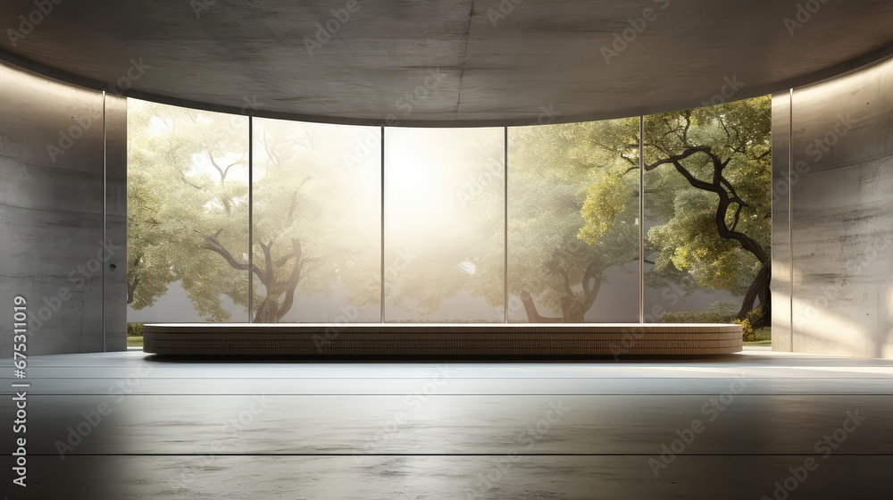 Poster 3d rendering of a living room with a large window overlooking a natural view.
