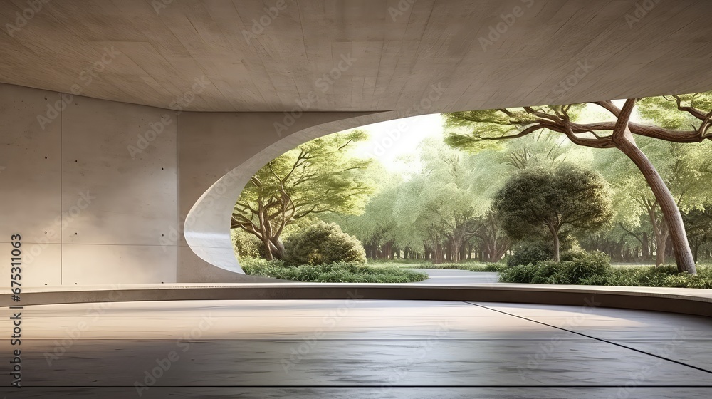 Poster 3d rendering of a living room with a large window overlooking a natural view.