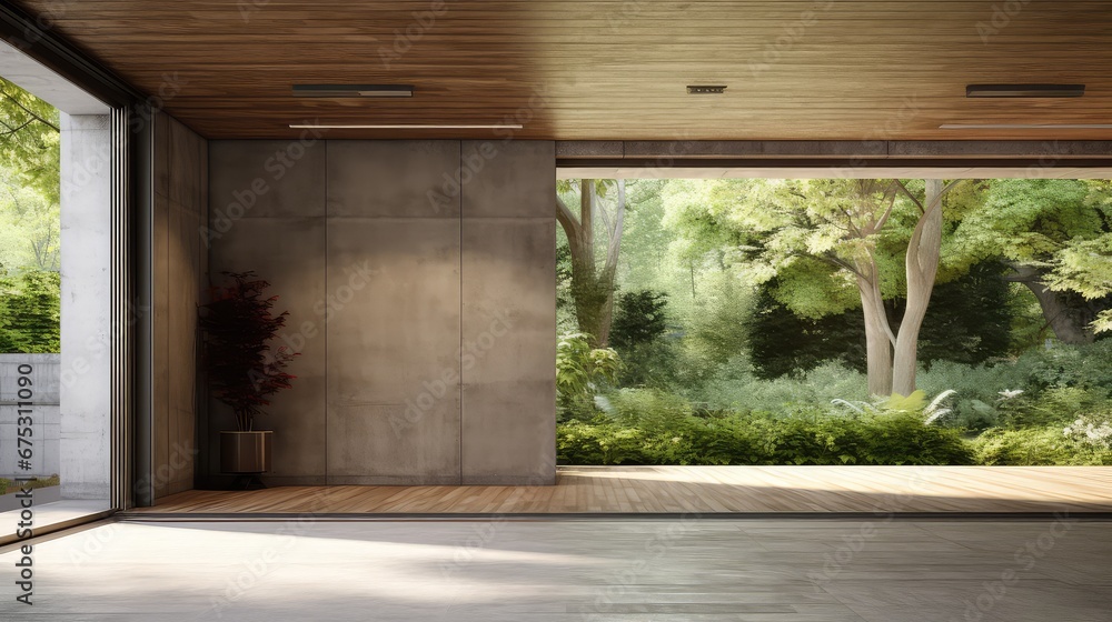 Poster 3d rendering of a living room with a large window overlooking a natural view.