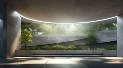 3D rendering of a living room with a large window overlooking a natural view.