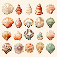 set of watercolor clip art of seashells isolated on white background for graphic design