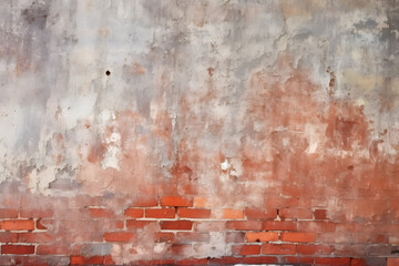 Empty Old Brick Wall Texture. Painted Distressed Wall Surface. Grungy Wide Brickwall. Grunge Red Stonewall Background. Shabby Building Facade With Damaged Plaster. Abstract Web Banner. generative AI.