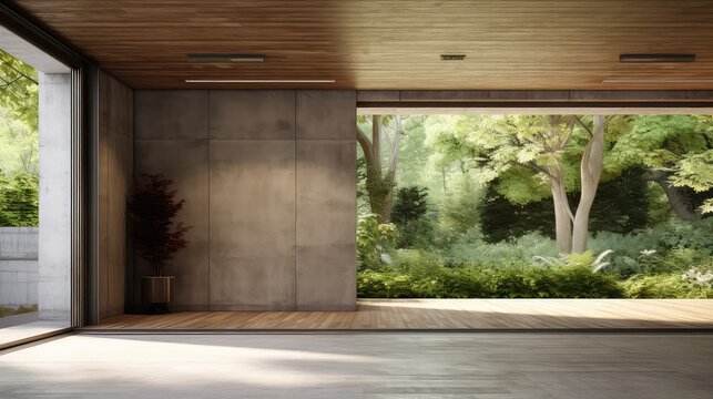 3D rendering of a living room with a large window overlooking a natural view.