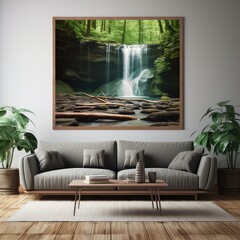 3D rendering of a living room with a waterfall image on a white wall.
