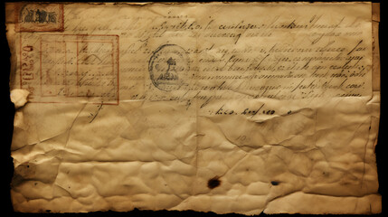 Fragment of an old handwritten letter reverse side. It was written in Romanian in 1939. Rich stain and paper details. Can be used for background. generative AI. - obrazy, fototapety, plakaty