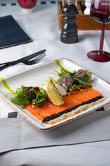 Salmon Appetizer, Carpaccio, Salmon Slices with Cream Cheese and Salad on Bright Background