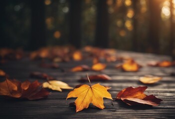 Naklejka na ściany i meble Fall leaves border on dark wooden surface