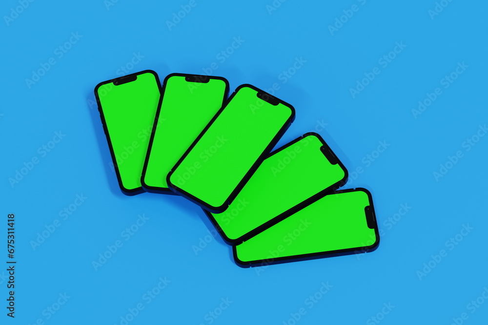 Wall mural set of mobile phone with blank green screen, mockup for web design web pages or banner, promotion, 3