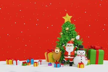 Santa clause with sleigh near snowman and Christmas tree gifts box, Happy New year and Merry Christmas greeting card, 3D rendering.